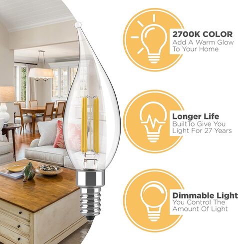 مجموعة مصابيح الشمعدانات LED E12 القابلة للتعتيم - 4 وات، ما يعادل 40 وات - مصباح شمعة دافئ على الطراز العتيق 2700 ك للثريا، مروحة السقف، الشمعدان، مصباح المكتب أو أضواء الشرفة، قمة الطوربيد (حزمة من 6) in Kuwait