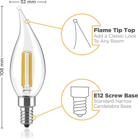 مجموعة مصابيح الشمعدانات LED E12 القابلة للتعتيم - 4 وات، ما يعادل 40 وات - مصباح شمعة دافئ على الطراز العتيق 2700 ك للثريا، مروحة السقف، الشمعدان، مصباح المكتب أو أضواء الشرفة، قمة الطوربيد (حزمة من 6) in Kuwait