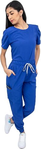 Scrubs - Women Antifluid Scrub Set with Round Neck Top and Stretch Jogger Pants, Cargo Pockets in Saudi Arabia