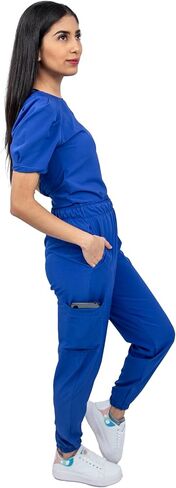 Scrubs - Women Antifluid Scrub Set with Round Neck Top and Stretch Jogger Pants, Cargo Pockets in Saudi Arabia