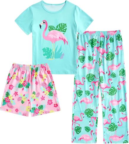 Funnycokid Girls Pajamas Set 3 Piece Sleepwear Short Sleeve Shirt Top Pants Shorts 7-14 Years in Kuwait