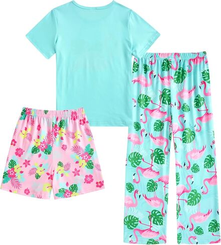 Funnycokid Girls Pajamas Set 3 Piece Sleepwear Short Sleeve Shirt Top Pants Shorts 7-14 Years in Kuwait