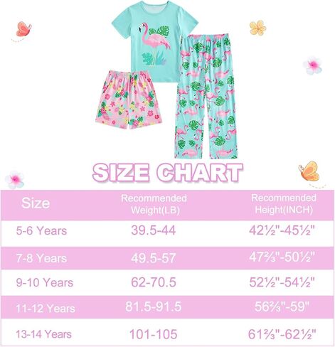 Funnycokid Girls Pajamas Set 3 Piece Sleepwear Short Sleeve Shirt Top Pants Shorts 7-14 Years in Kuwait