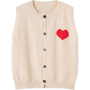 FindThy Women’s Heart Print Knitted Vest Casual Crewneck Button Up Waistcoat Cute Gilets