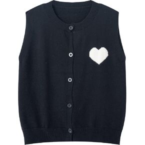 FindThy Women’s Heart Print Knitted Vest Casual Crewneck Button Up Waistcoat Cute Gilets