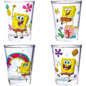 Silver Buffalo SpongeBob SquarePants Poses Floral Krabby Patty 4-Pack Mini Glass Set, 1.5 Ounces