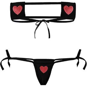Women Bikini Kawaii Heart Embroidery Bandeau Swimsuit Tiny String Sliding Top Tie Side Thong Anime Cosplay Lingerie Set