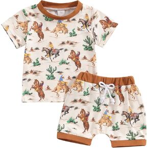 Gueuusu Summer Toddler Baby Boy Western Outfit Horse Print Short Sleeve T Shirt Top Cow Shorts Set Cowboy Summer Outfit