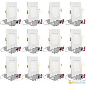 NUWATT 12 Pack 4 Inch LED Square Recessed Lighting, 5CCT Selectable 2700K/3000K/3500K/4000K/5000K, 630 Lumens Dimmable, IC Rated, 4in Square Wafer Lights, Canless LED Downlight, Diecast Aluminum J-Box