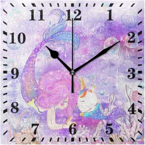 Mermaid Unicorn Cat Wall Clock Decorative Hanging Clock Silent Non Ticking Square Clock for Living Room Kitchen Bedroom