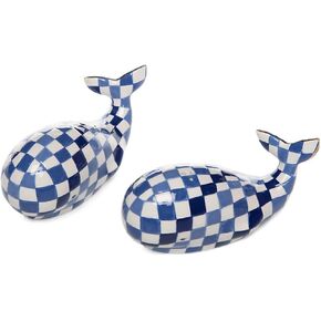 MACKENZIE-CHILDS Royal Check Whales Big Blue Salt & Pepper Set