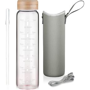 32oz Borosilicate Glass Water Bottle with Straw & Time Marker, Wide Mouth Motivational Water Bottle with Neoprene Sleeve and Bamboo Lid