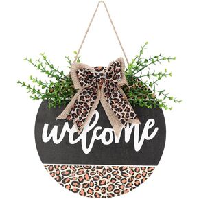 Veemoon Welcome Door Sign Front Door Hanging Sign Farmhouse Porch Welcome Sign Leopard Print Wood Sign Door Hanging Ornament