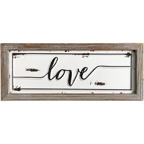 DeliDecor Love - 12" X 5" Wooden Signs Wall Decor Rustic Embossed Retro Metal and Wood Framed Sign Modern Farmhouse Wall Hanging Art Love Sign Home Decor
