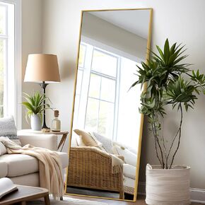 NeuType Full Length Mirror Hanging or Leaning Against Wall Large Rectangle Bedroom Mirror Floor Mirror Dressing Mirror Wall-Mounted Mirror Aluminum Alloy Thin FrameGold 59"x20" with Stand