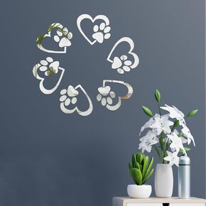 6Pcs Wall Mirror Tiles, Dog Paw Love Shape Mirrors for Wall, Self Adhesive Wall Mirror Stickers, Acrylic Mirror Cute Room Wall Decor Y2k Aesthetic Living Room Bedroom Decor(Silver)
