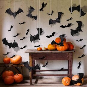 Whaline 63Pcs Glitter Halloween 3D Bats Decoration 5 Sizes Realistic PVC Scary Bats Window Decal Wall Stickers Hocus Pocus Party Supplies for Halloween Home Bathroom Indoor Wall Window Door Decor