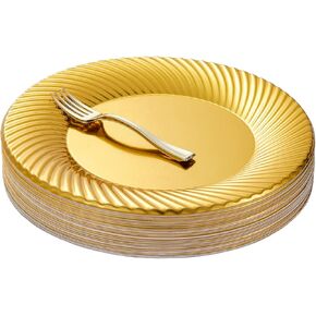 N9R 60pcs Gold Plastic Dessert Plates with Mini Forks, Include 30pcs Disposable Dessert Plates 7 inch, 30pcs Gold Appetizer Forks 3.94 inch, Premium and Comfortable for Wedding Birthday Party