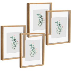 4 Pcs 11 x 14 Inch Floating Picture Frames Double Glass Picture Frame for Wall Hanging or Tabletop Standing Floating Picture Photo Wood Frame Display Any Size Photo up to 11 x 14 (Natural Wood)