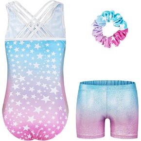 JiAmy Gymnastics Leotards for Girls with Cross Back, Sparkly Dance Unitards with Shorts Biketards Outfit for 3-12 Years