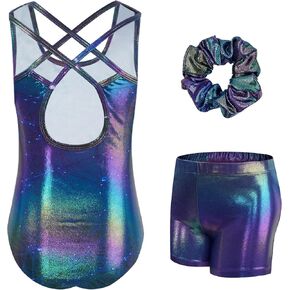 JiAmy Gymnastics Leotards for Girls with Cross Back, Sparkly Dance Unitards with Shorts Biketards Outfit for 3-12 Years