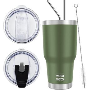 كوب Wetoweto سعة 30 أونصة مع غطاء، كوب قهوة ماء معزول بالفراغ من الفولاذ المقاوم للصدأ، كوب حراري مزدوج الجدار مطلي بمسحوق للسفر للمنزل في الهواء الطلق (أزرق داكن، عبوة واحدة)