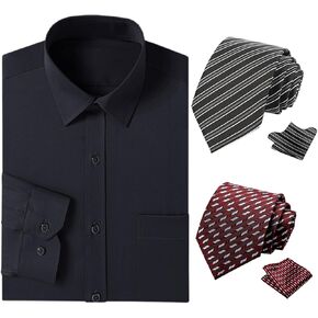 Cromoncent Mens Long Sleeve Dress Shirt and Tie Set Suit Shirt with Matching Tie and Handkerchief