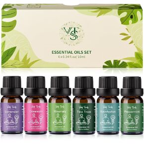 VTS Essential Oils Set (6 x 10ml) - Lavender, Peppermint, Eucalyptus, Tea Tree, Geranium, Rosemary, Aromatherapy Oils Gift Set for Home Diffusers, Skin & Hair Care, Soap & Candle Making, Humidifiers