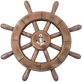 Hampton Nautical Rustic Wood Finish Decorative Ship Wheel with Sailboat 12"