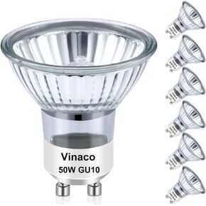 لمبة Vinaco GU10، 6 عبوات MR16 GU10 120V 50W طويلة الأمد، GU10 لمبة هالوجين بيضاء دافئة 2800K، 50W GU10 قابلة للتعتيم مع قاعدة GU10 لمصابيح المسار، ومصابيح إضاءة غطاء محرك السيارة. هالوجين GU10+C 120 فولت 50 وات
