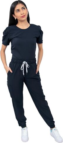 Scrubs - Women Antifluid Scrub Set with Round Neck Top and Stretch Jogger Pants, Cargo Pockets in Saudi Arabia