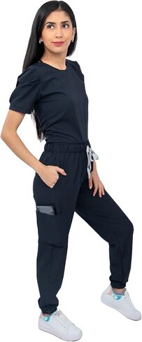 Scrubs - Women Antifluid Scrub Set with Round Neck Top and Stretch Jogger Pants, Cargo Pockets in Saudi Arabia