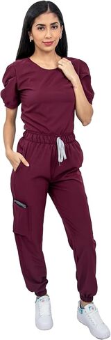 Scrubs - Women Antifluid Scrub Set with Round Neck Top and Stretch Jogger Pants, Cargo Pockets in Saudi Arabia