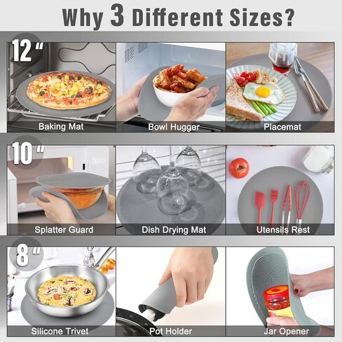 KooMall 12 10 8 Inch Multi-use Microwave Mat, Trivet, Pot Holders, Drying, Baking, Place Mat, Utensils Rest, Silicone Cover Pad for Hot Pot Pans Bowls Plates Dishes Kitchen Counter,Heat Resistant,Gray in Saudi Arabia