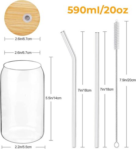 4 مجموعات أكواب زجاجية مع أغطية وقش من الخيزران، أكواب بيرة للشرب على شكل علبة 20 أونصة، فناجين قهوة مثلجة، كوب لطيف مع فرشتي تنظيف، مثالية لشاي الفقاعات والعصائر والعصير in Kuwait