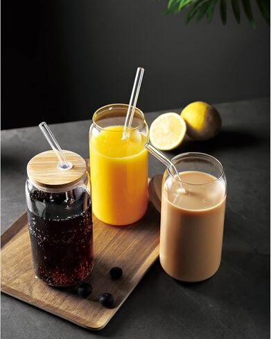 4 مجموعات أكواب زجاجية مع أغطية وقش من الخيزران، أكواب بيرة للشرب على شكل علبة 20 أونصة، فناجين قهوة مثلجة، كوب لطيف مع فرشتي تنظيف، مثالية لشاي الفقاعات والعصائر والعصير in Kuwait