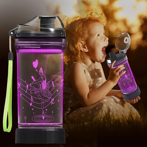 زجاجة مياه للأطفال مع ضوء LED متوهج ثلاثي الأبعاد - 14 أوقية تريتان خالية من مادة BPA - هدية إبداعية مثالية للسفر لراقصة الباليه للمدرسة والأطفال والبنات أثناء العطلات والتخييم in Kuwait