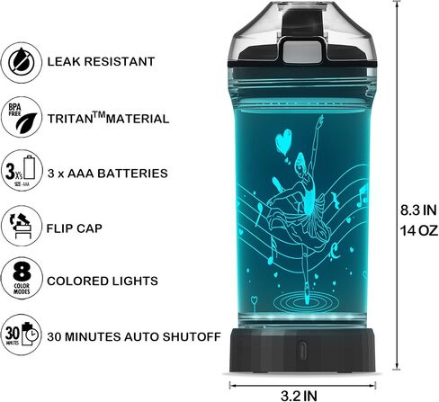 زجاجة مياه للأطفال مع ضوء LED متوهج ثلاثي الأبعاد - 14 أوقية تريتان خالية من مادة BPA - هدية إبداعية مثالية للسفر لراقصة الباليه للمدرسة والأطفال والبنات أثناء العطلات والتخييم in Kuwait
