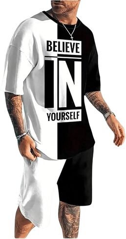 GORGLITTER Men's 2 Piece Outfits Graphic Print Half Sleeve Round Neck Tee Tops and Drawstring Waist Shorts Set in Saudi Arabia