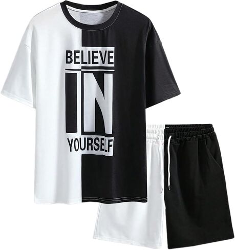 GORGLITTER Men's 2 Piece Outfits Graphic Print Half Sleeve Round Neck Tee Tops and Drawstring Waist Shorts Set in Saudi Arabia