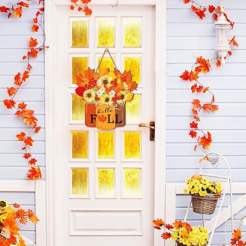Fall Door Sign Thanksgiving Door Decor Hello Fall Wooden Sign Maple Leaves Wooden Hanging Sign Fall Decorations for Farmhouse Porch Front Door Outdoor Home Decor in Saudi Arabia