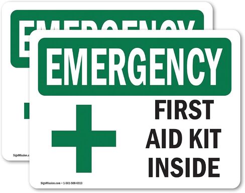 (2 Pack) First Aid Kit Inside With Symbol OSHA Emergency Sign 7 Inch X 5 Inch Vinyl Label Decal Sticker Weather Resistant, UV Protected for Workplace, Business, and Construction Site, Made in the USA in Saudi Arabia