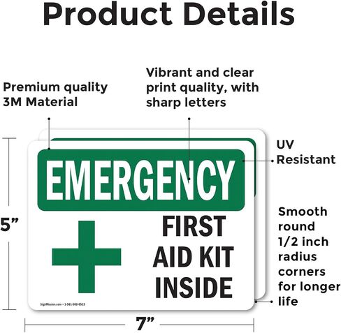 (2 Pack) First Aid Kit Inside With Symbol OSHA Emergency Sign 7 Inch X 5 Inch Vinyl Label Decal Sticker Weather Resistant, UV Protected for Workplace, Business, and Construction Site, Made in the USA in Saudi Arabia