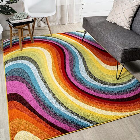 JONATHAN Y DZC100A-28 Flow Abstract Swirl Indoor Area Rug, Kids & Novelty, Modern, Coastal, Bedroom, Kitchen, Living Room, Easy-Cleaning, Non-Shedding, 2 X 8, Red/Yellow/Blue in Saudi Arabia
