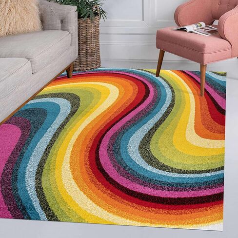 JONATHAN Y DZC100A-28 Flow Abstract Swirl Indoor Area Rug, Kids & Novelty, Modern, Coastal, Bedroom, Kitchen, Living Room, Easy-Cleaning, Non-Shedding, 2 X 8, Red/Yellow/Blue in Saudi Arabia