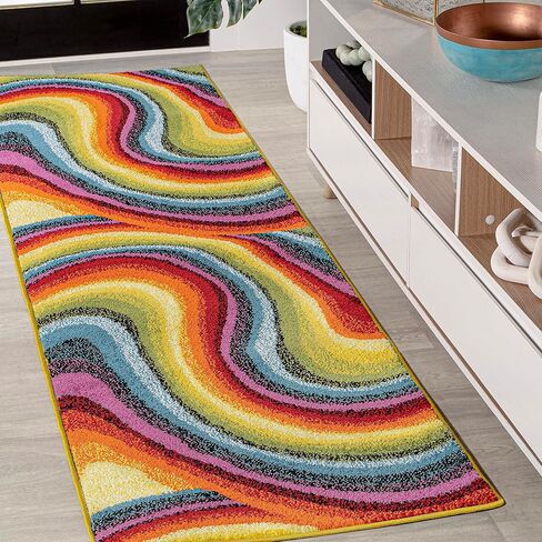 JONATHAN Y DZC100A-28 Flow Abstract Swirl Indoor Area Rug, Kids & Novelty, Modern, Coastal, Bedroom, Kitchen, Living Room, Easy-Cleaning, Non-Shedding, 2 X 8, Red/Yellow/Blue in Saudi Arabia