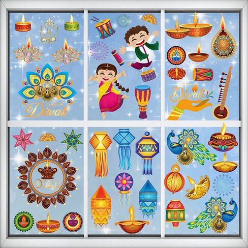 9 أوراق ملصقات نافذة ديوالي لنافذة زجاج ديوالي ملصقات نافذة ملصقات شارات مصباح طاووس هندي ديوالي زينة نافذة ديوالي أضواء نافذة الحفلات لوازم الشارات الثابتة لمهرجانات ديوالي وحفلات المنازل in Kuwait