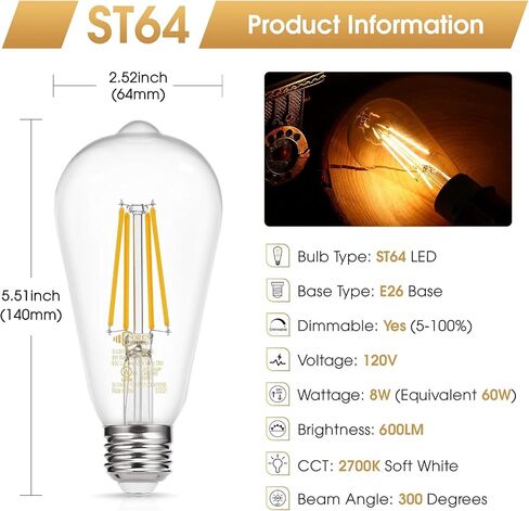 DORESshop Dimmable ST64 LED Edison Bulbs, 8W Vintage LED Edison Bulbs, Equivalent 60W, Warm White 2700K, 800LM, E26 Base Decorative LED Filament Bulbs for Cafe Patio, 6 Pack in Saudi Arabia