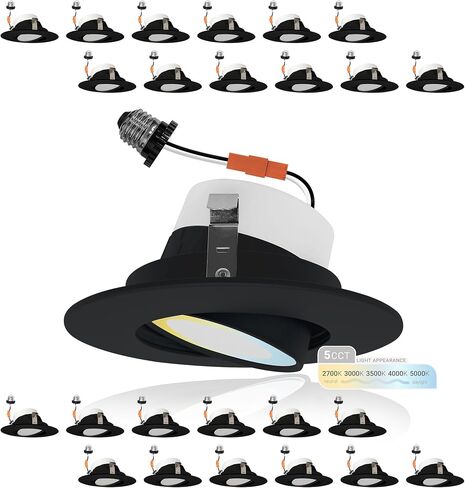 NUWATT Black 4 Inch Gimbal Retrofit LED Recessed Lighting, 5CCT Selectable 2700K/3000K/3500K/4000K/5000K, High Brightness 750 lm, 10W, Adjustable Sloped Ceiling Light, Dimmable Eyeball Lights, 6 Pack in Saudi Arabia