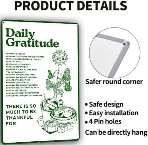 Daily Gratitude Room Decor Aesthetic Wall Decor, Funny Metal Tin Sign Green Boho Home Coffee Wall Office Decor 8X12Inch in Kuwait